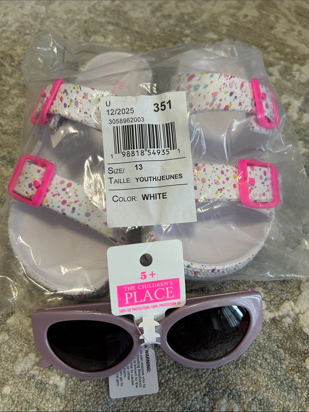 The Children's Place White Confetti Sandals with Pink Buckles & Lilac Sunglasses